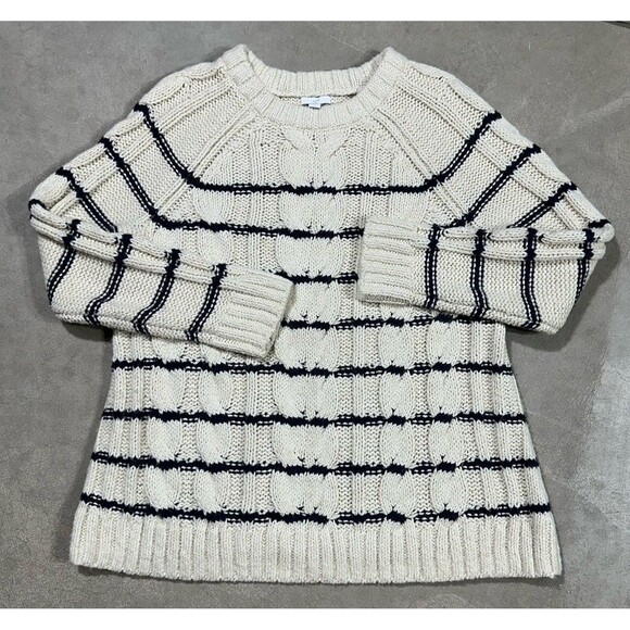 J Jill Sweater Womens Large Ivory Blue Stripe Cable Knit Nautical Crew Neck - Picture 2 of 9